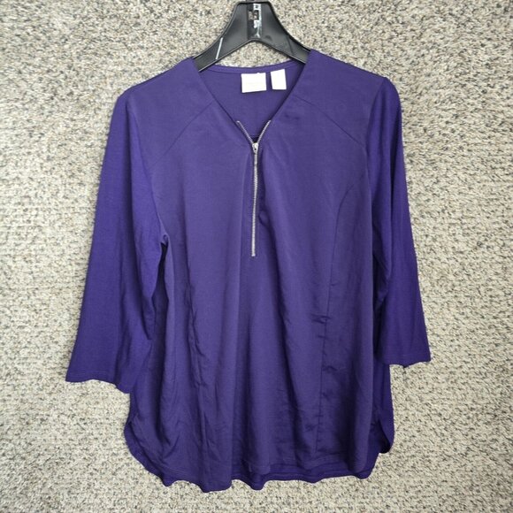 Chicos Top Womens 2 US Large‎ Purple Zip 3/4 Sleeve Blouse Stretch Rayon Ladies - Picture 1 of 7